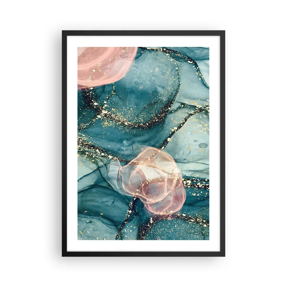 Plagát v čiernom ráme - Abstraktná kompozícia v odtieňoch tyrkysovej a zlatej. - 50x70cm - Modré hodváb modré, ružový tyl - Moderná nástenná dekorácia do obývacej izby a spálne ARTTOR