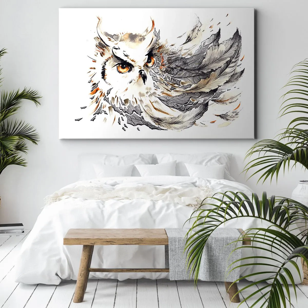 Obraz na plátne - Sova s mystickým perím v umeleckej akvarelovej podobe - 70x50cm - Prišla zo sveta kúziel - Moderná nástenná dekorácia do obývacej izby a spálne ARTTOR