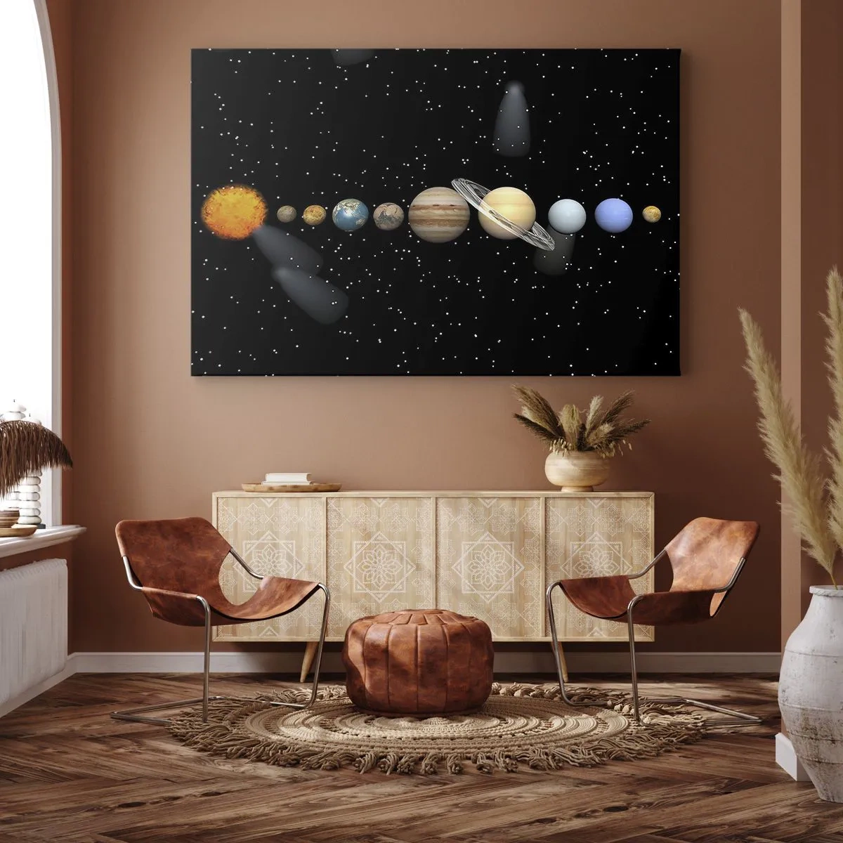 Obraz na plátne - Slnečná sústava s planétami na pozadí hviezd vo vesmíre - 70x50cm - A planéty šalejú, šalejú… - Moderná nástenná dekorácia do obývacej izby a spálne ARTTOR