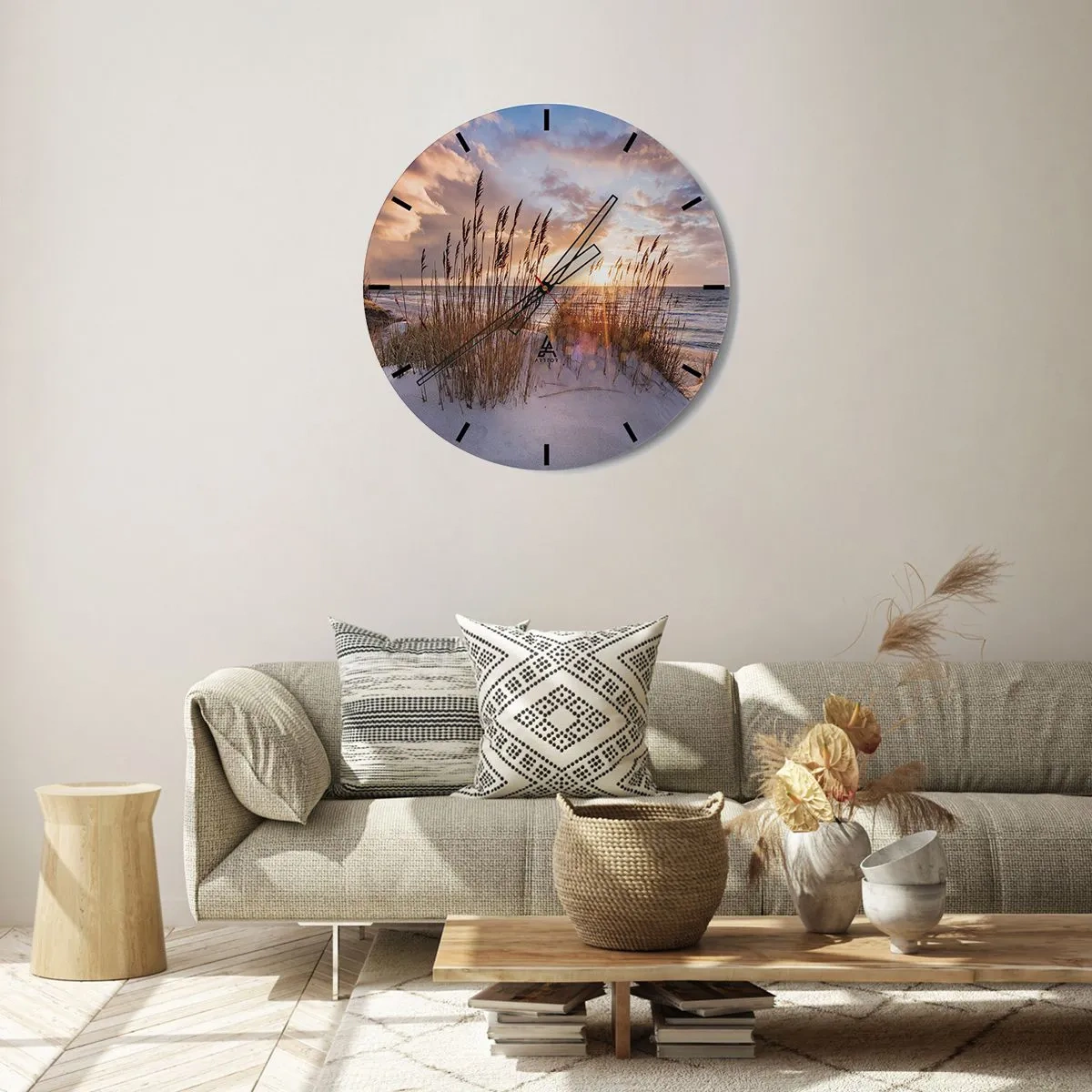 Nástenné hodiny - Západ slnka nad morom s pieskom a trávou na dunách - 30x30cm - Rozlúčka so slnkom a vetrom - Moderná nástenná dekorácia do obývacej izby, kuchyne a spálne ARTTOR