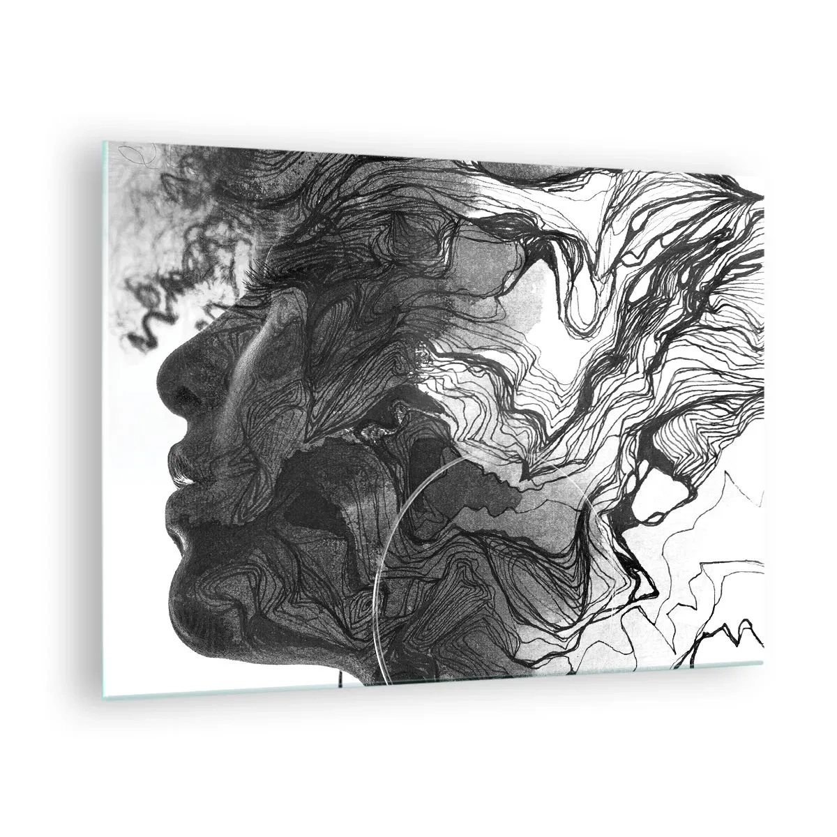 Obraz na skle - Čierna a biela silueta ženy s abstraktnými čiarami - 70x50cm - Zapletená v snoch - Moderná nástenná dekorácia do obývacej izby a spálne ARTTOR