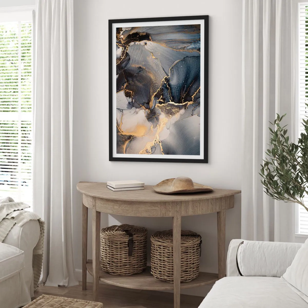 Plagát v čiernom ráme - Abstraktná kompozícia v tmavých odtieňoch so zlatými akcentmi. - 50x70cm - Život kameňa - Moderná nástenná dekorácia do obývacej izby a spálne ARTTOR