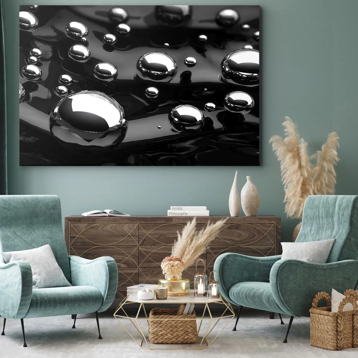 Obraz na plátne - Abstraktné kvapky na čiernom povrchu - 70x50cm - Z čiernej tône - Moderná nástenná dekorácia do obývacej izby a spálne ARTTOR