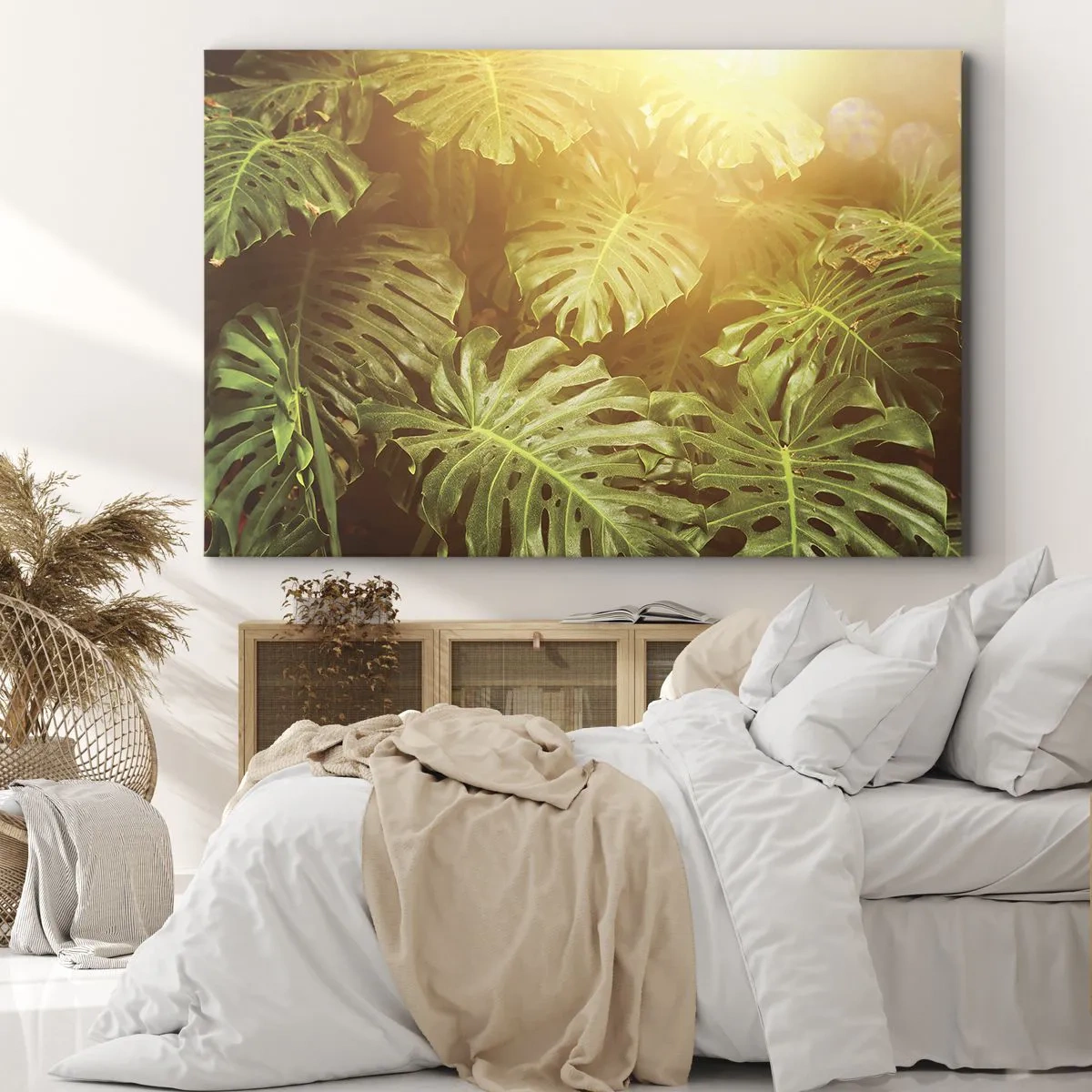 Obraz na plátne - Listy monstery na slnku na prirodzenom pozadí - 70x50cm - Vstúpiť do zelene… - Moderná nástenná dekorácia do obývacej izby a spálne ARTTOR