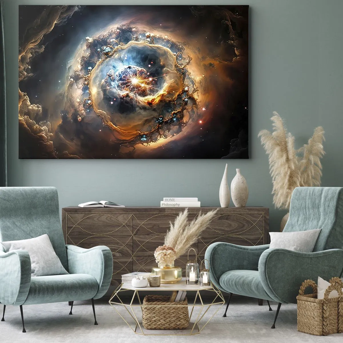 Obraz na plátne - Abstraktná vízia kozmickej explózie v odtieňoch zlatej a modrej. - 70x50cm - Začiatok - Moderná nástenná dekorácia do obývacej izby a spálne ARTTOR