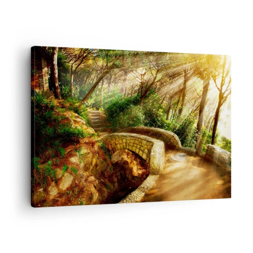 Obraz na plátne - Lesná krajina so slnečnými lúčmi a kamenným mostom - 70x50cm - Priamo z mostíka v rozprávkovom lese - Moderná nástenná dekorácia do obývacej izby a spálne ARTTOR