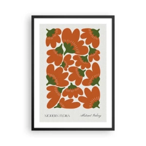 Plagát v čiernom ráme - Abstraktné oranžové kvety na svetlom pozadí - 50x70cm - Zo života kvetov - Moderná nástenná dekorácia do obývacej izby a spálne ARTTOR