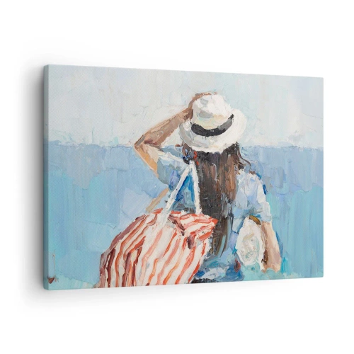 Obraz na plátne - Žena v klobúku na pozadí modrého mora - 70x50cm - Vitaj na dovolenke - Moderná nástenná dekorácia do obývacej izby a spálne ARTTOR