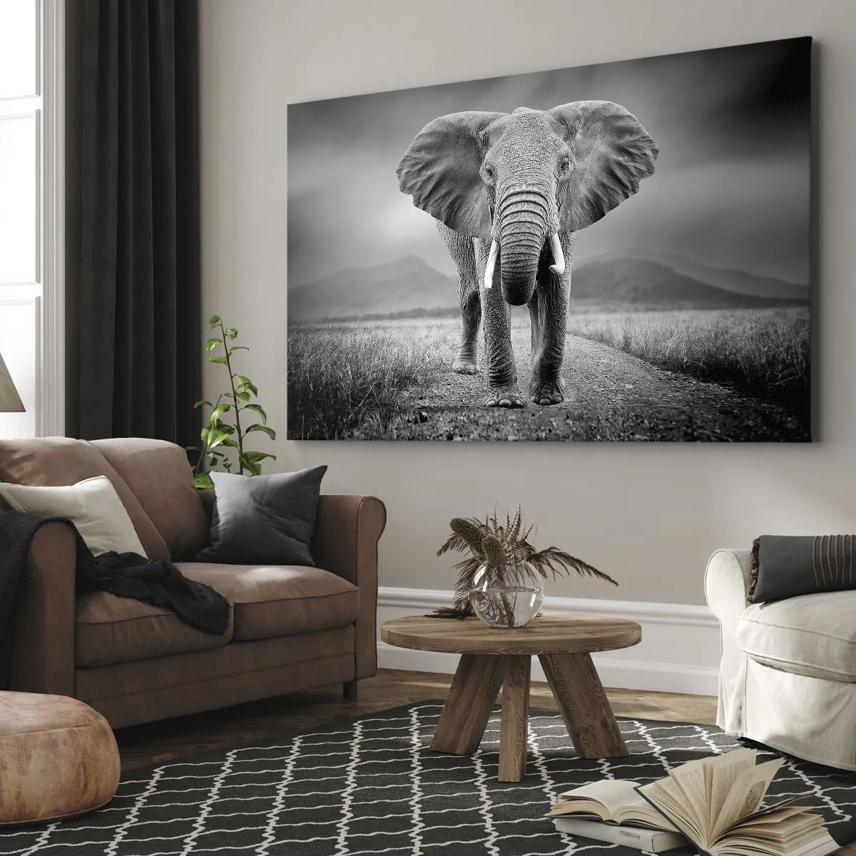 Obraz na plátne - Mocný slon na savane v monochromatických tónoch - 70x50cm - Hostiteľ víta - Moderná nástenná dekorácia do obývacej izby a spálne ARTTOR