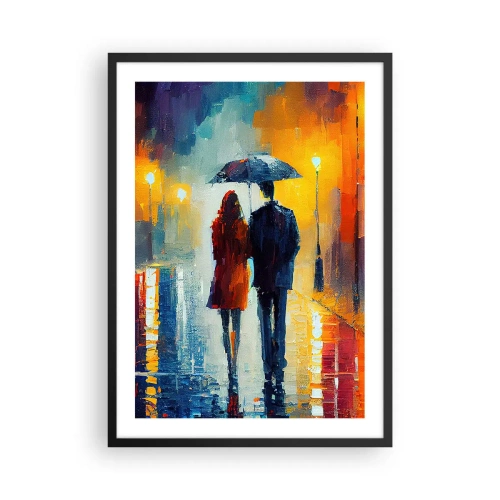 Plagát v čiernom ráme - Pár s dáždnikom v daždi, kráčajúci po mestskej ulici. - 50x70cm - Spolu – farebná noc - Moderná nástenná dekorácia do obývacej izby a spálne ARTTOR
