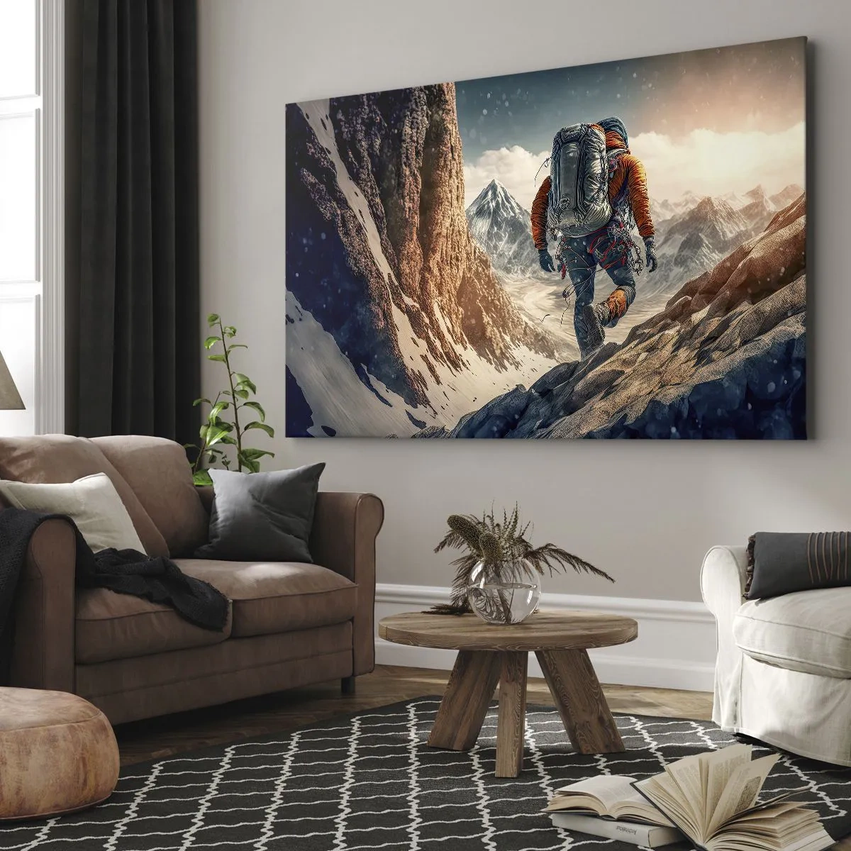 Obraz na plátne - Horolezec na horskom chodníku v zimnej krajine - 70x50cm - Osamelý bojovník - Moderná nástenná dekorácia do obývacej izby a spálne ARTTOR