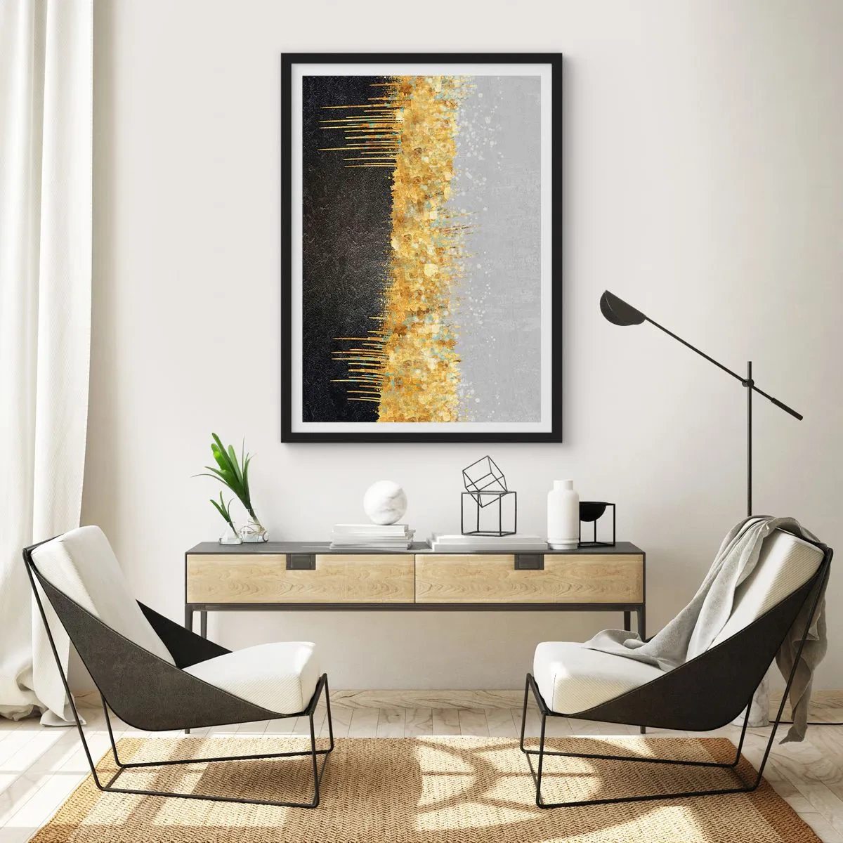 Plagát v čiernom ráme - Abstraktná kompozícia zo zlata, čiernej a striebra - 50x70cm - Dovnútra a nahor - Moderná nástenná dekorácia do obývacej izby a spálne ARTTOR