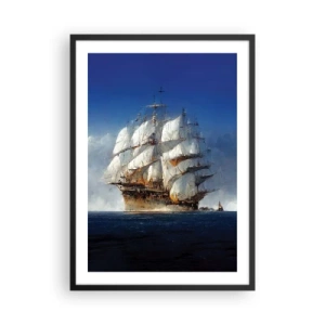 Plagát v čiernom ráme - Plachetnica na otvorenom mori pod plnými plachtami na slnečnom svetle - 50x70cm - The great glory! - Moderná nástenná dekorácia do obývacej izby a spálne ARTTOR