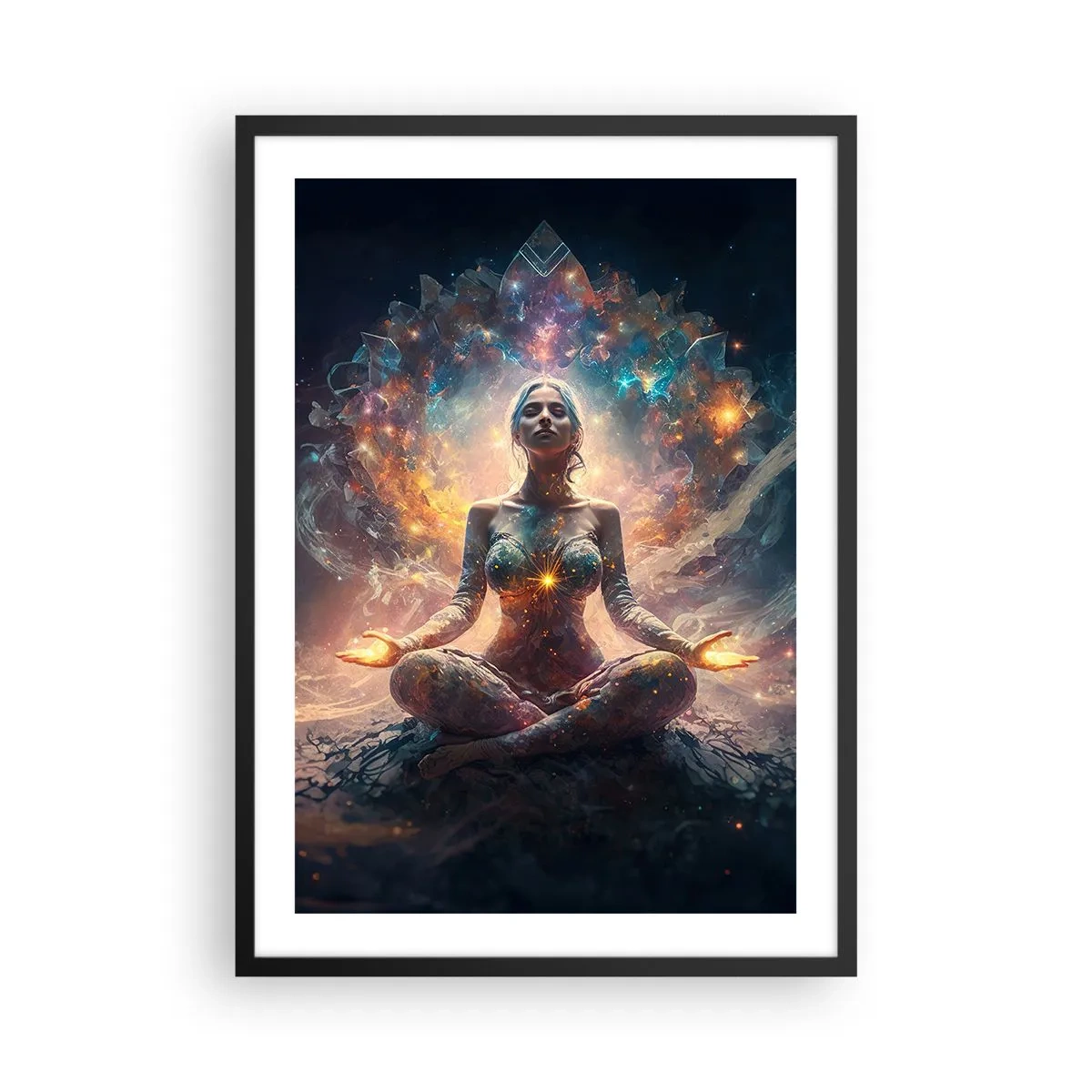 Plagát v čiernom ráme - Mystická meditácia obklopená kozmickou energiou - 50x70cm - Prúdenie dobrej energie - Moderná nástenná dekorácia do obývacej izby a spálne ARTTOR