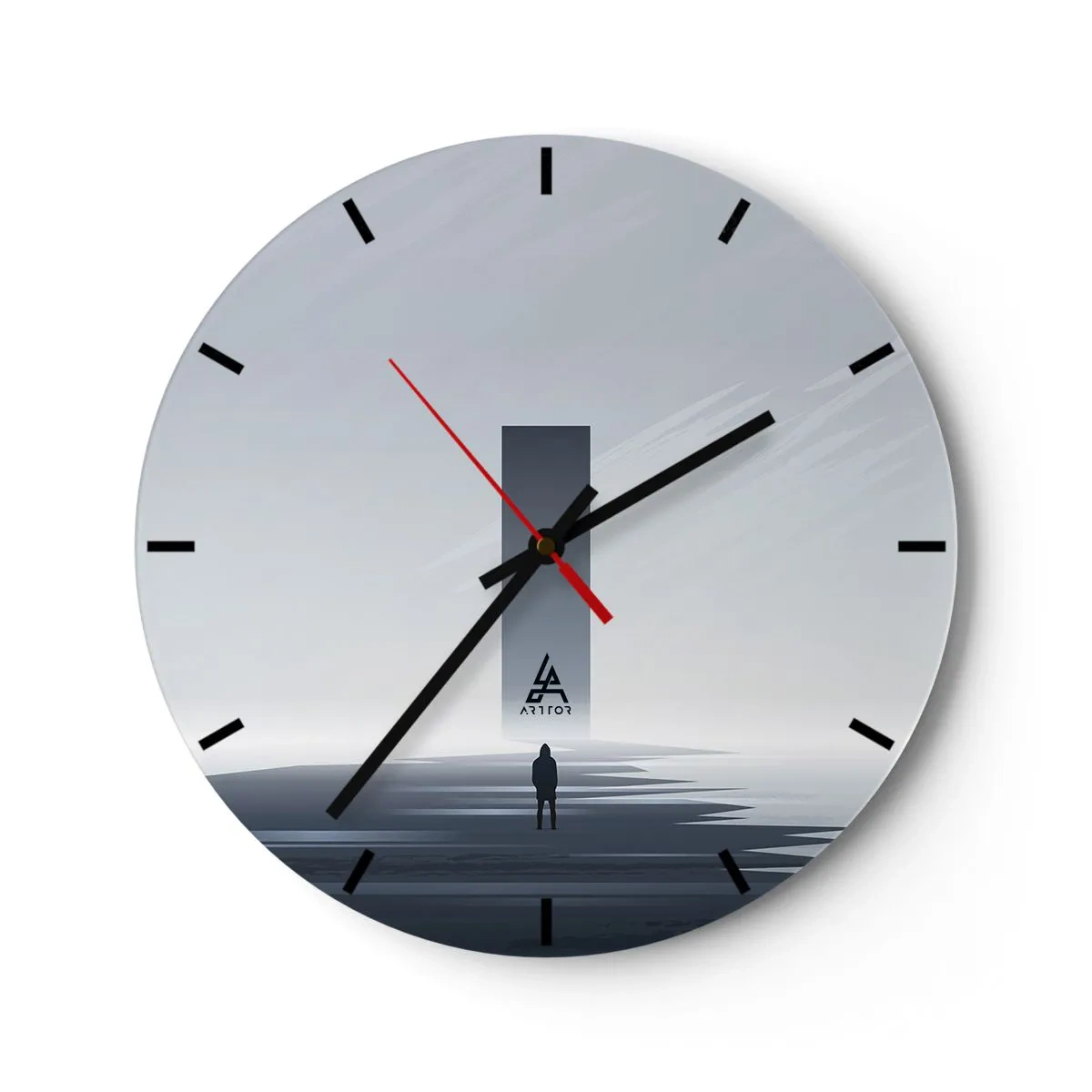 Nástenné hodiny - Minimalistická krajina s figúrou a geometrickým tvarom - 30x30cm - Príležitosť alebo hrozba? - Moderná nástenná dekorácia do obývacej izby, kuchyne a spálne ARTTOR