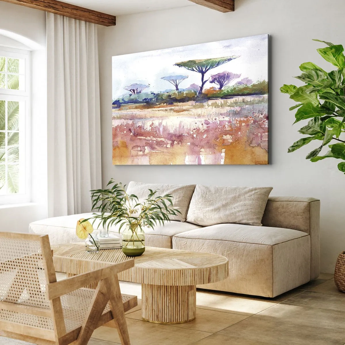 Obraz na plátne - Malebná savanská krajina v akvarelových farbách - 70x50cm - Farby savany - Moderná nástenná dekorácia do obývacej izby a spálne ARTTOR