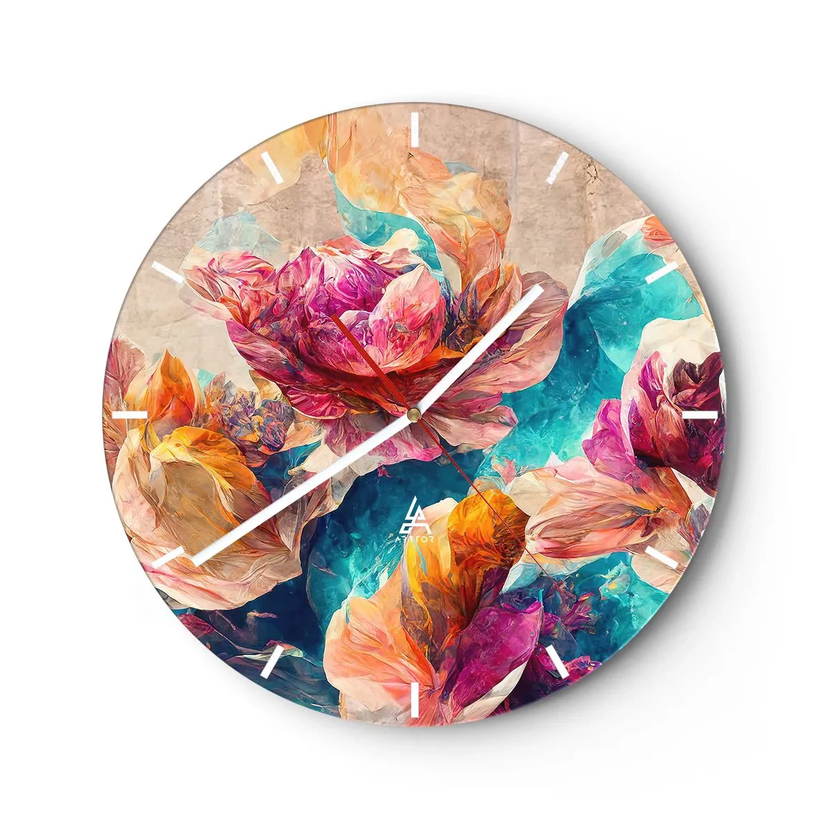 Nástenné hodiny - Farebná kytica na tyrkysovom pozadí - 30x30cm - Farebné bohatstvo kytice - Moderná nástenná dekorácia do obývacej izby, kuchyne a spálne ARTTOR