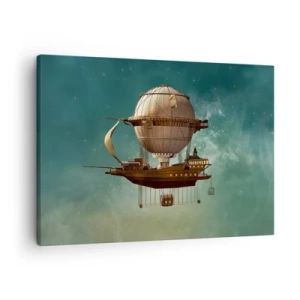 Obraz na plátne - Fantastická vzducholoď na pozadí zelenkastej oblohy - 70x50cm - Julius Verne pozdravuje - Moderná nástenná dekorácia do obývacej izby a spálne ARTTOR