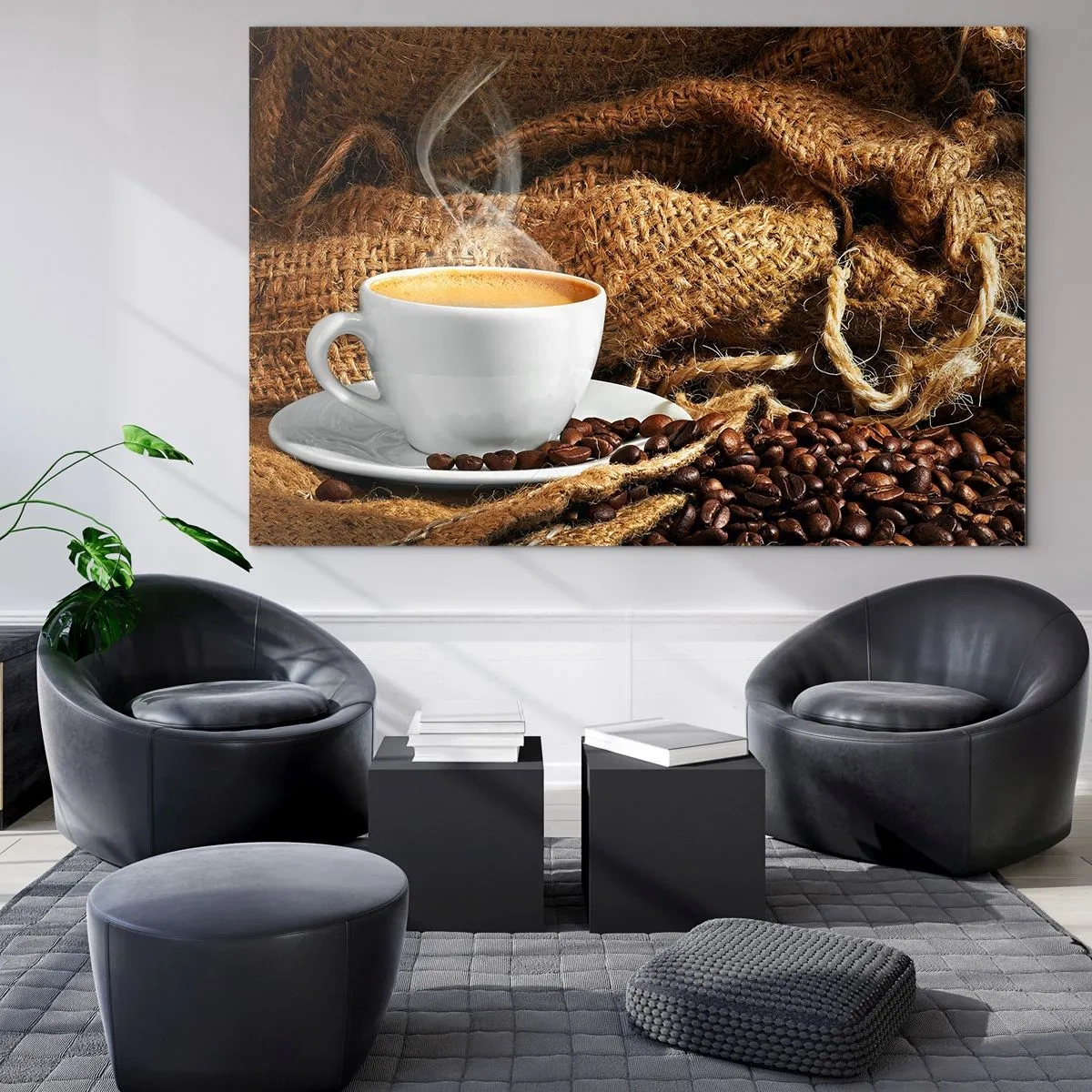 Obraz na skle - Šálka kávy s fazuľkami na jutovom pozadí - 70x50cm - Vôňa moky a hustota medovej tekutiny - Moderná nástenná dekorácia do obývacej izby a spálne ARTTOR