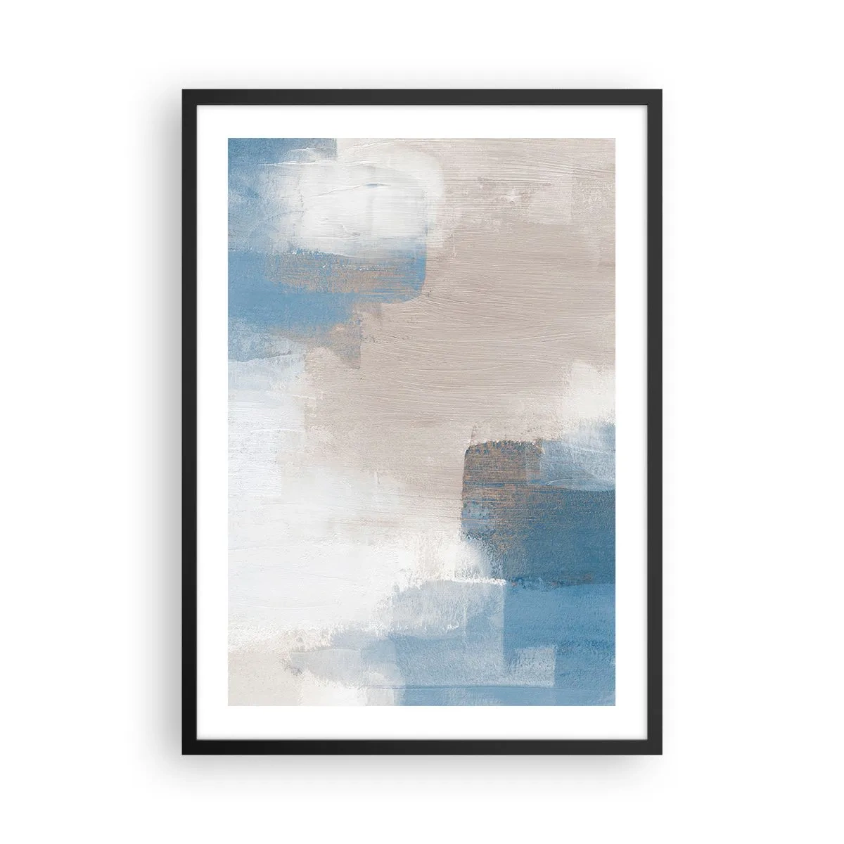 Plagát v čiernom ráme - Abstraktná kompozícia v odtieňoch modrej a béžovej - 50x70cm - Ružová abstrakcia za modrým závojom - Moderná nástenná dekorácia do obývacej izby a spálne ARTTOR