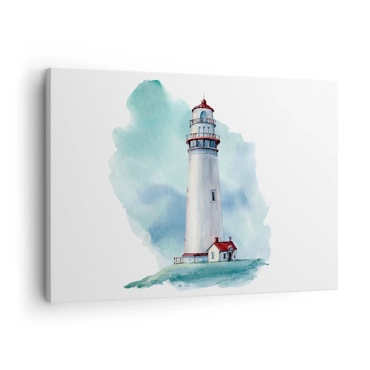 Obraz na plátne - Maják na modrom akvarelovom pozadí - 70x50cm - Nežná sestra blankytu - Moderná nástenná dekorácia do obývacej izby a spálne ARTTOR