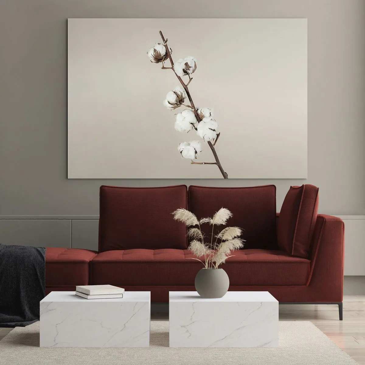 Obraz na skle - Vetvička bavlny na svetlom, minimalistickom pozadí - 70x50cm - Pri zdroji mäkkosti - Moderná nástenná dekorácia do obývacej izby a spálne ARTTOR