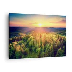 Obraz na plátne - Lesná krajina so západom slnka nad kopcami - 70x50cm - Vrcholky a vrcholy - Moderná nástenná dekorácia do obývacej izby a spálne ARTTOR
