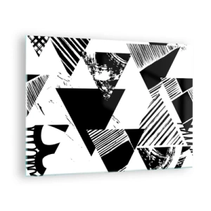 Obraz na skle - Čiernobiele geometrické vzory s trojuholníkovými motívmi - 70x50cm - Dážď trojuholníkov - Moderná nástenná dekorácia do obývacej izby a spálne ARTTOR