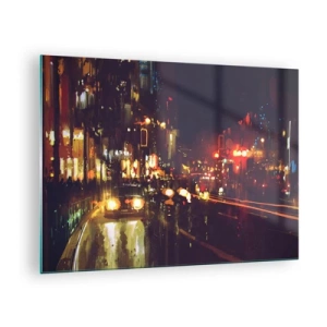 Obraz na skle - Nočná krajina mesta s autami a pouličnými svetlami - 70x50cm - Ponorená do svetiel noci - Moderná nástenná dekorácia do obývacej izby a spálne ARTTOR