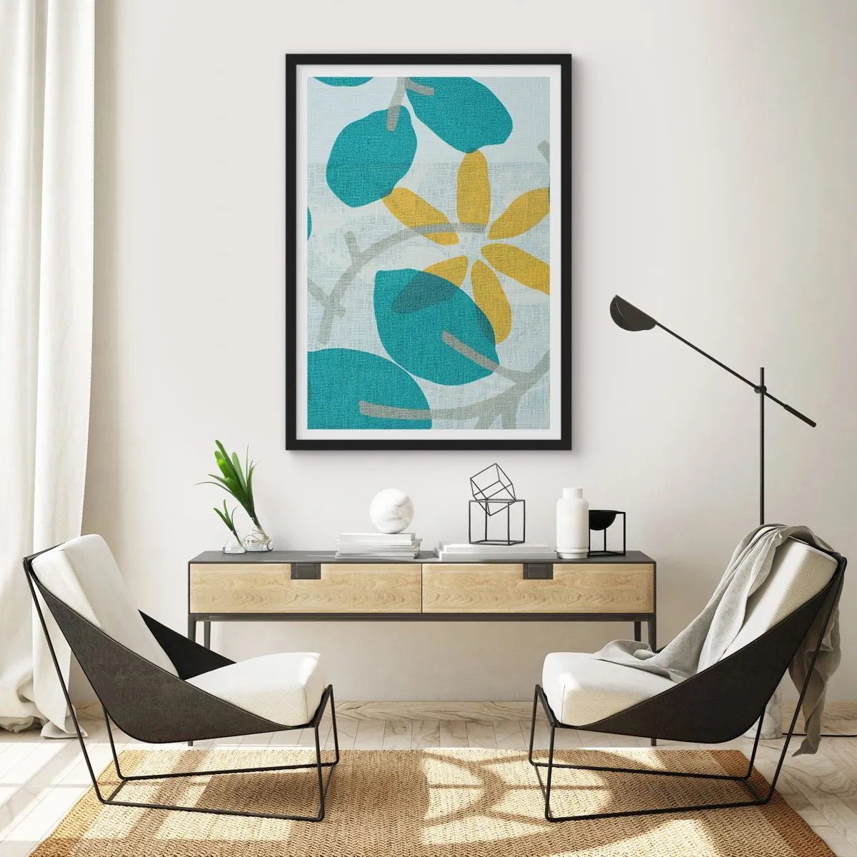 Plagát v čiernom ráme - Moderná botanická grafika v odtieňoch modrej a žltej - 50x70cm - Medzi azúrovými listami - Moderná nástenná dekorácia do obývacej izby a spálne ARTTOR