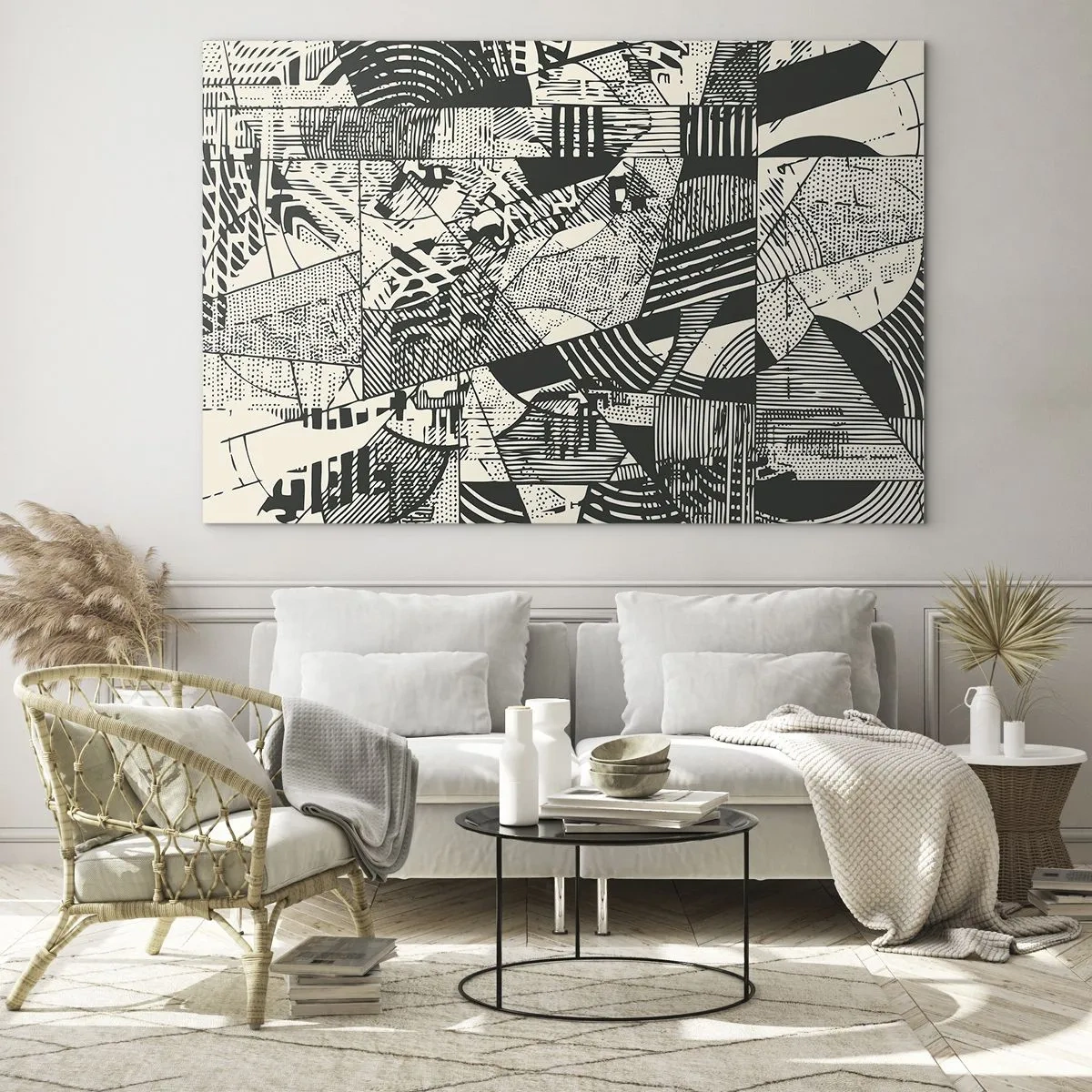 Obraz na skle - Čiernobiela abstrakcia s dynamickými geometrickými vzormi - 70x50cm - Dynamika súčasnosti - Moderná nástenná dekorácia do obývacej izby a spálne ARTTOR