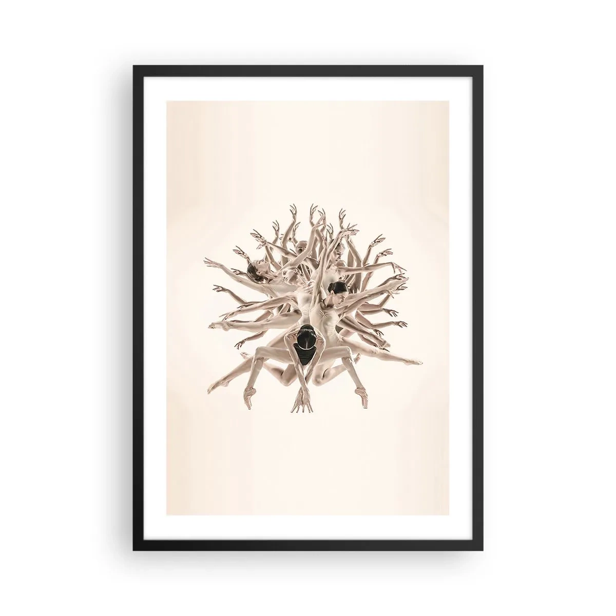 Plagát v čiernom ráme - Umelecká kompozícia tanečnice v jemných béžových farbách. - 50x70cm - Rozkvet v tanci - Moderná nástenná dekorácia do obývacej izby a spálne ARTTOR