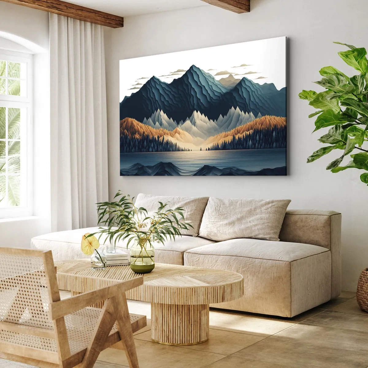 Obraz na plátne - Malebné hory nad jazerom pri západe slnka - 70x50cm - Dokonalá horská krajina - Moderná nástenná dekorácia do obývacej izby a spálne ARTTOR