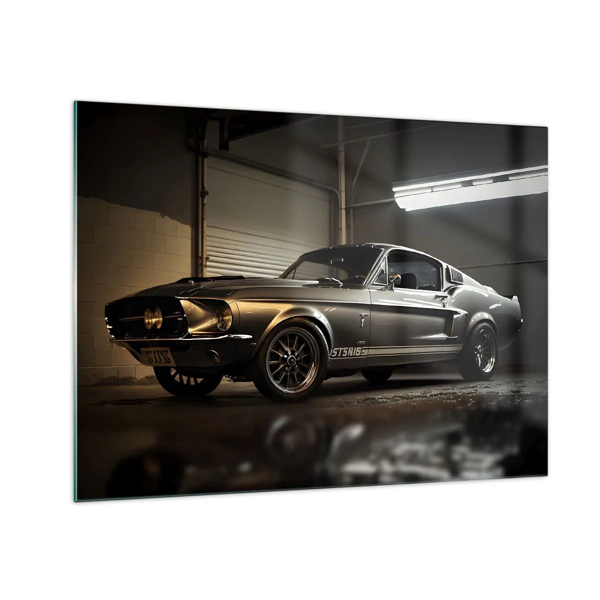 Obraz na skle - Klasické auto v garáži pod priemyselným osvetlením - 70x50cm - Návrat do minulosti - Moderná nástenná dekorácia do obývacej izby a spálne ARTTOR