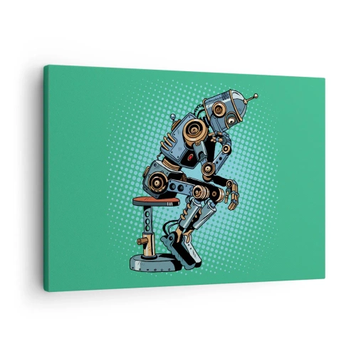 Obraz na plátne - Robot mysliteľ v štýle pop art na zelenom pozadí - 70x50cm - Nad podstatou bytia - Moderná nástenná dekorácia do obývacej izby a spálne ARTTOR