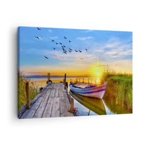 Obraz na plátne - Loď na drevenom móle pri západe slnka - 70x50cm - Dovidenia, do zajtrajška - Moderná nástenná dekorácia do obývacej izby a spálne ARTTOR