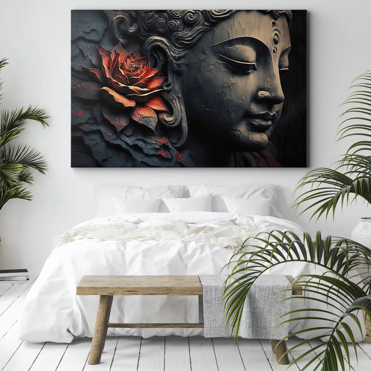 Obraz na plátne - Socha Budhu s červeným lotosovým kvetom - 70x50cm - V súlade so svetom - Moderná nástenná dekorácia do obývacej izby a spálne ARTTOR
