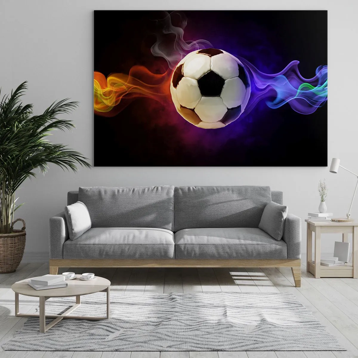 Obraz na skle - Futbalová lopta obklopená farebnými pruhmi - 70x50cm - Magická sila hry - Moderná nástenná dekorácia do obývacej izby a spálne ARTTOR