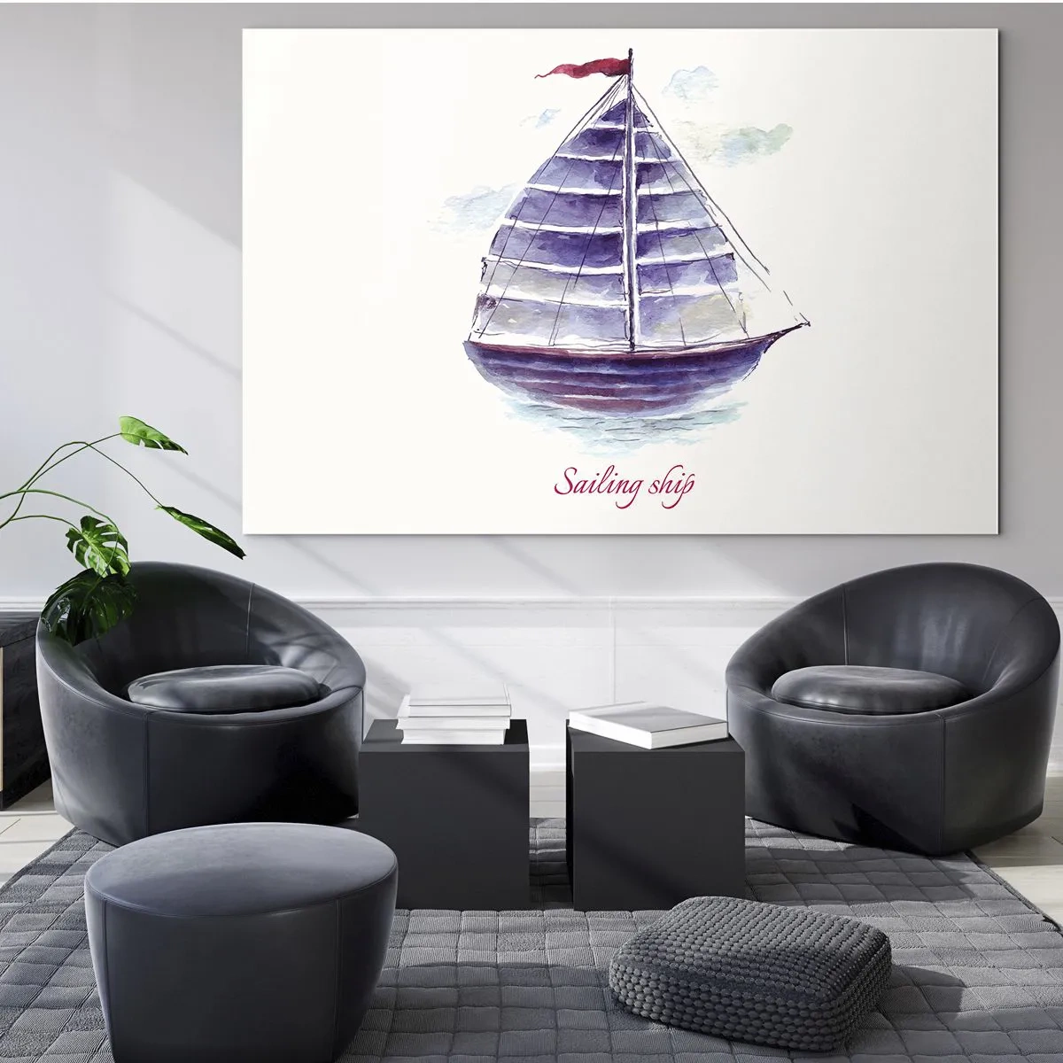 Obraz na skle - Akvarelová plachetnica s nápisom Plachetnica - 70x50cm - Napnuté plachty a pokojná voda - Moderná nástenná dekorácia do obývacej izby a spálne ARTTOR
