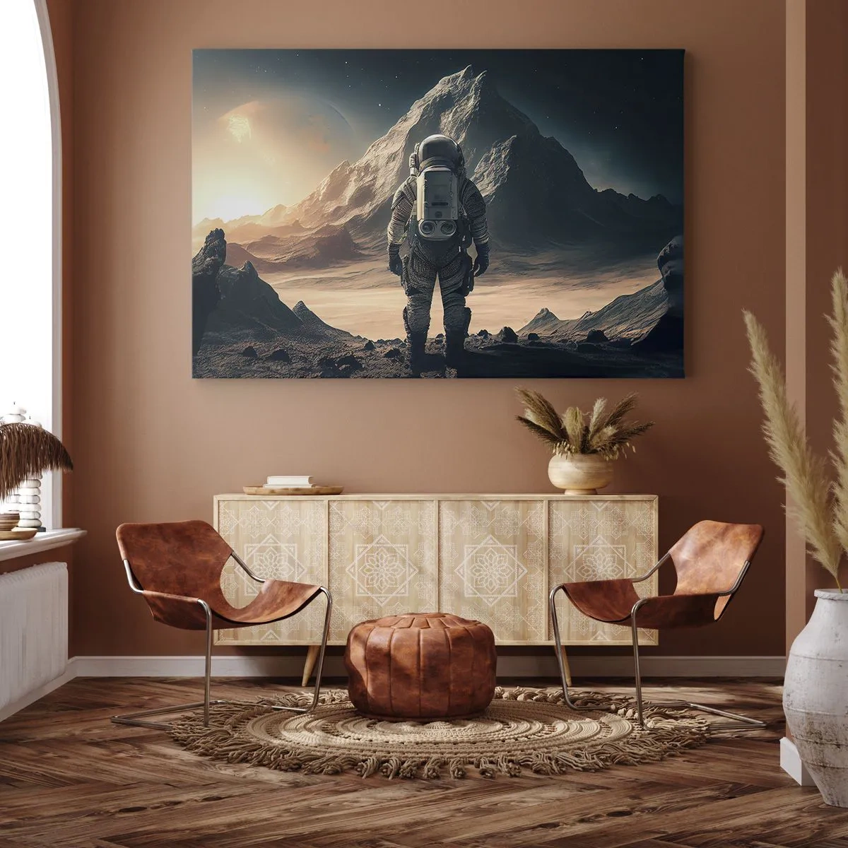 Obraz na plátne - Astronaut na pozadí majestátnych hôr - 70x50cm - Nová výzva - Moderná nástenná dekorácia do obývacej izby a spálne ARTTOR