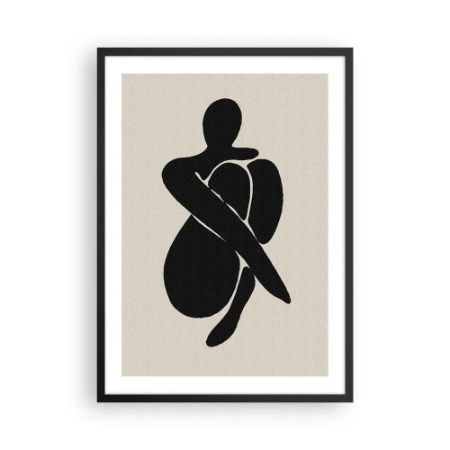 Plagát v čiernom ráme - Abstraktná postava v póze s rukami omotanými okolo tela, čiernobiela ilustrácia - 50x70cm - Vo vlastnom objatí - Moderná nástenná dekorácia do obývacej izby a spálne ARTTOR