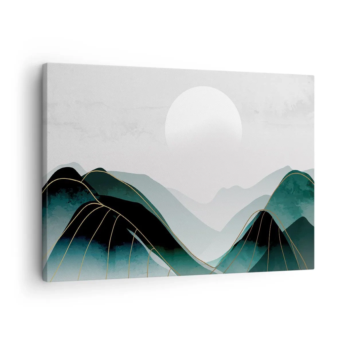 Obraz na plátne - Abstraktná horská krajina s mesiacom a zlatými čiarami - 70x50cm - V plnom majestáte - Moderná nástenná dekorácia do obývacej izby a spálne ARTTOR