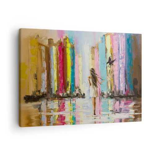 Obraz na plátne - Farebné mesto a žena v bielych šatách s vtákom - 70x50cm - Poď so mnou - Moderná nástenná dekorácia do obývacej izby a spálne ARTTOR