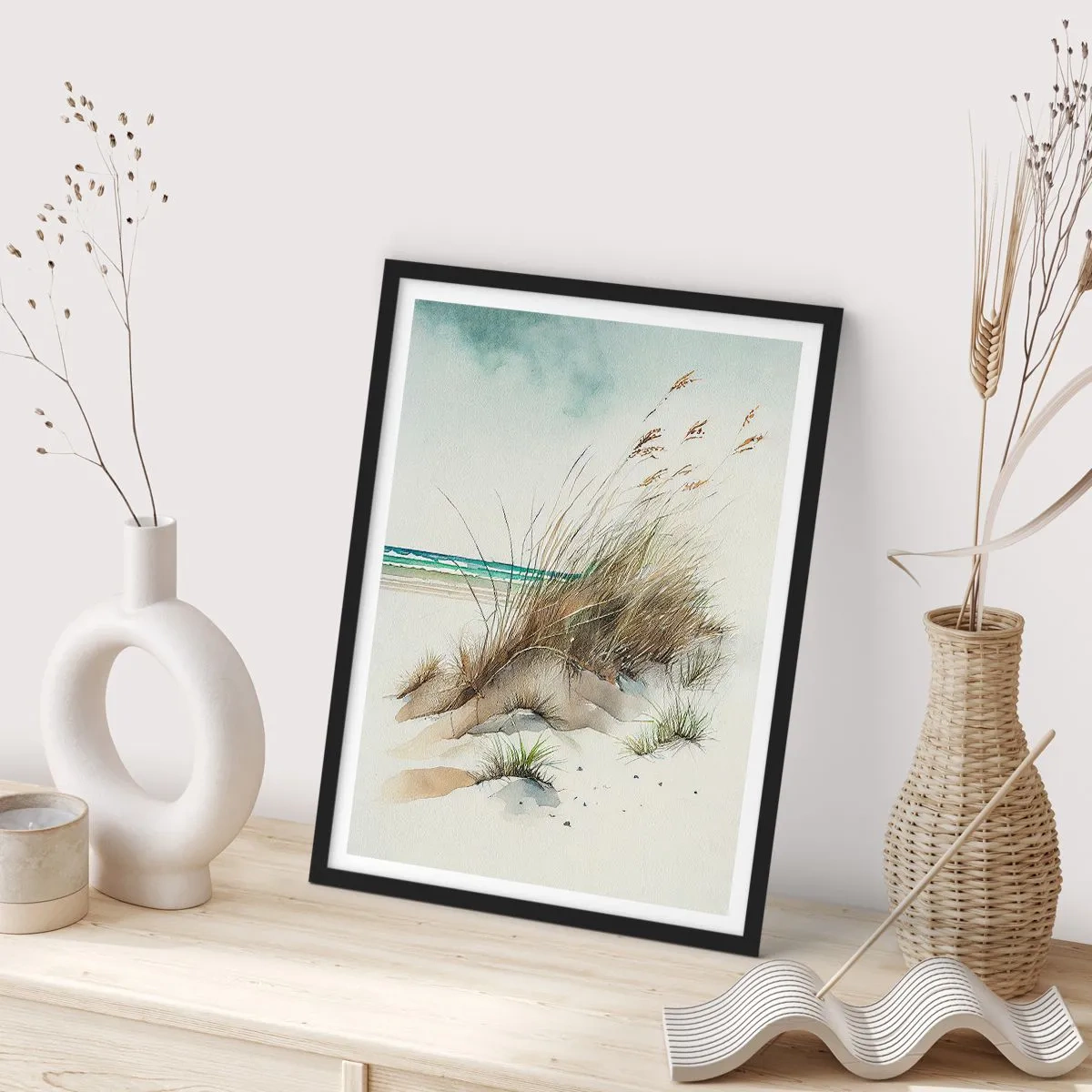 Plagát v čiernom ráme - Duny v štýle akvarelu s trávou pri pokojnom mori - 50x70cm - Zahalené v piesku - Moderná nástenná dekorácia do obývacej izby a spálne ARTTOR