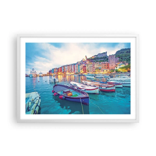Plagát v bielom ráme - Farebný večer v prístave - 70x50 cm