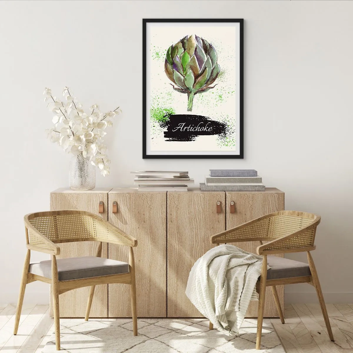 Plagát v čiernom ráme - Akvarelová ilustrácia artičoky na svetlom pozadí - 50x70cm - Nech žije zelenina! - Moderná nástenná dekorácia do obývacej izby a spálne ARTTOR