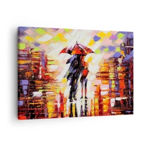 Obraz na plátne - Abstraktná scéna prechádzky pod dáždnikom v daždivú noc. - 70x50cm - Spoločne cez noc a dážď - Moderná nástenná dekorácia do obývacej izby a spálne ARTTOR