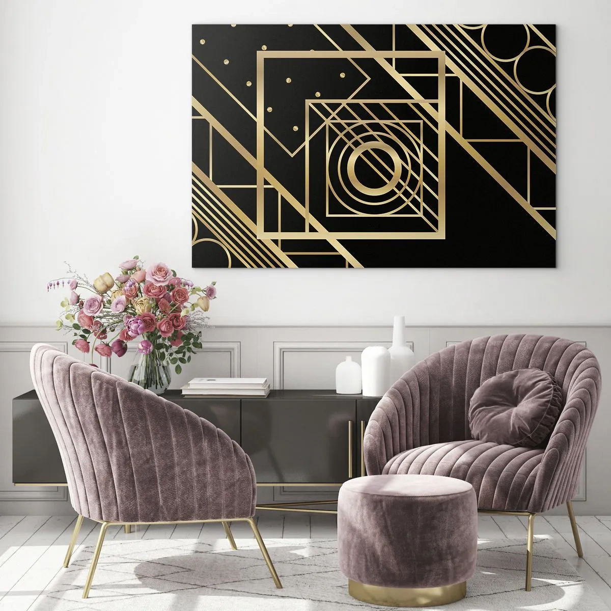 Obraz na skle - Zlaté geometrické vzory na čiernom pozadí - 70x50cm - Zlatá geometria - Moderná nástenná dekorácia do obývacej izby a spálne ARTTOR