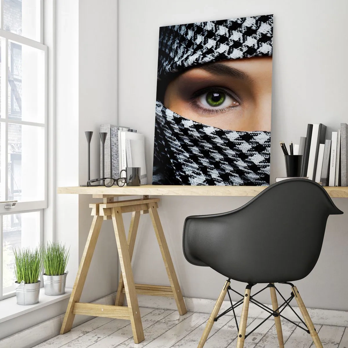 Obraz na skle - Portrét zahalenej zelenookej krásky - 50x70 cm
