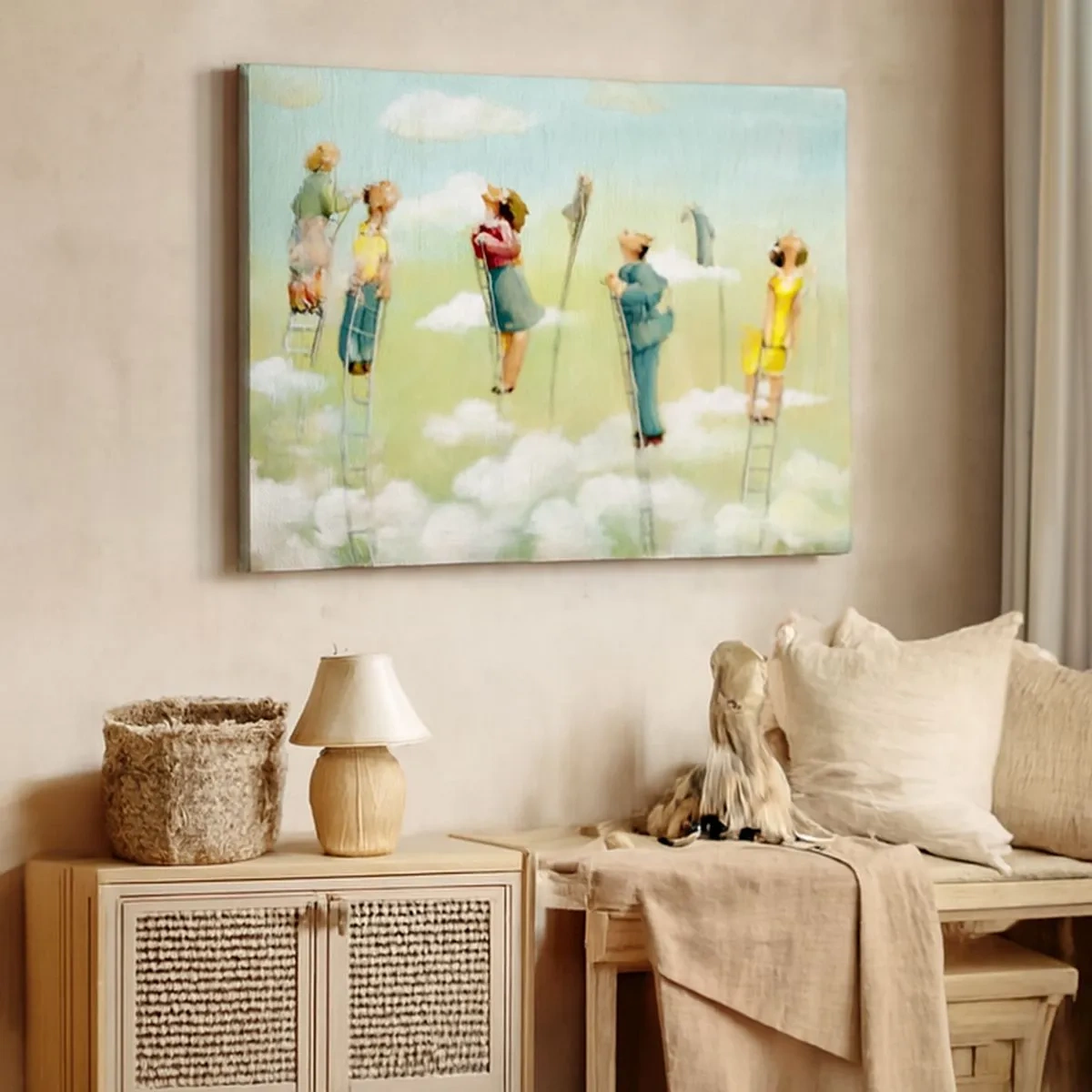 Obraz na plátne - Postavy lezúce po rebríkoch medzi oblakmi na pastelovom pozadí. - 70x50cm - Za svojim snom - Moderná nástenná dekorácia do obývacej izby a spálne ARTTOR
